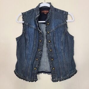 Vtg Denim Ruffle Vest Womens‎ M Brass Button 90s Gilet Festival Western Cottage